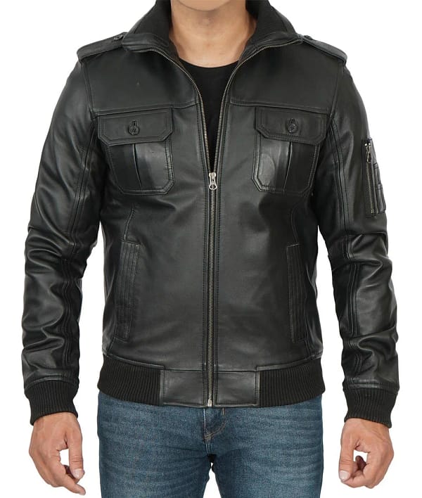 Men’s Multi Pockets Black Bomber Leather Jacket Bombers Jacket
