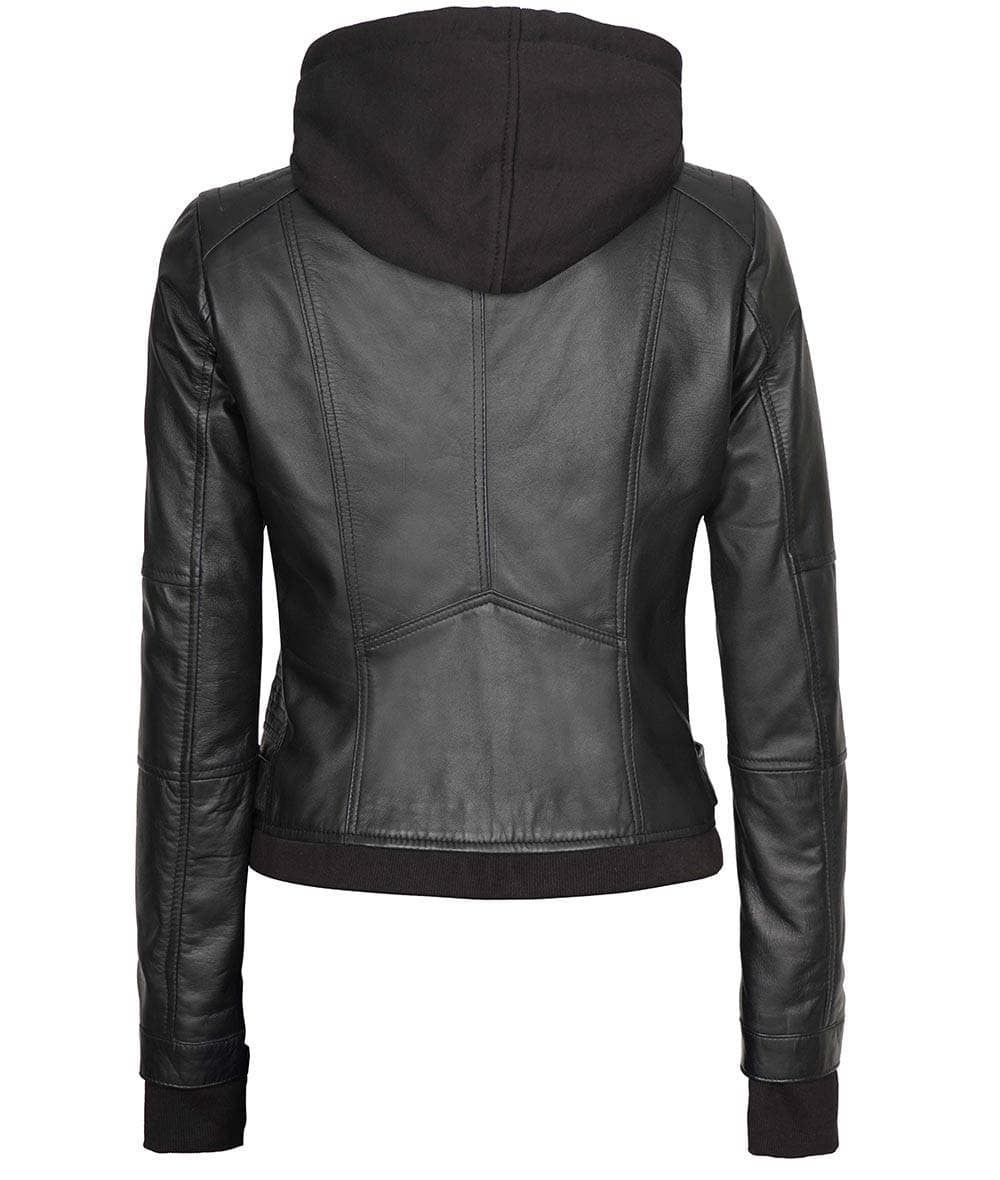 Bella Womens Black Bomber Hooded Leather Jacket Bombers Jacket