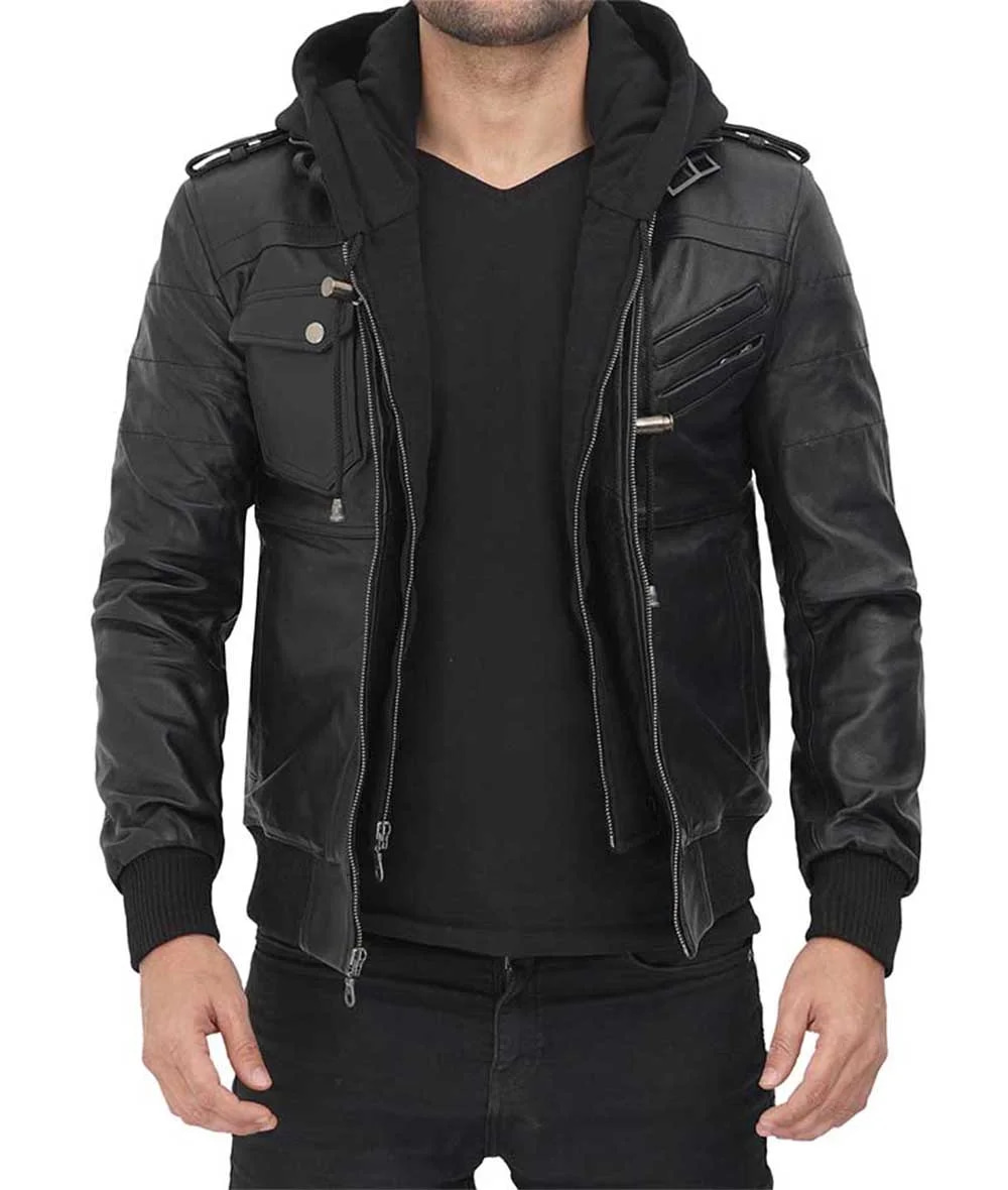 Men’s Black Leather Jacket With Detachable Hood - Bombers Jacket