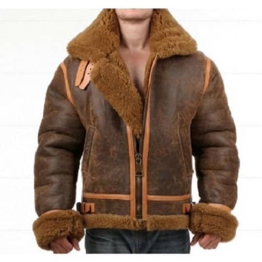 Men’s Distressed Faux Shearling Bomber Leather Jacket - Bombers Jacket