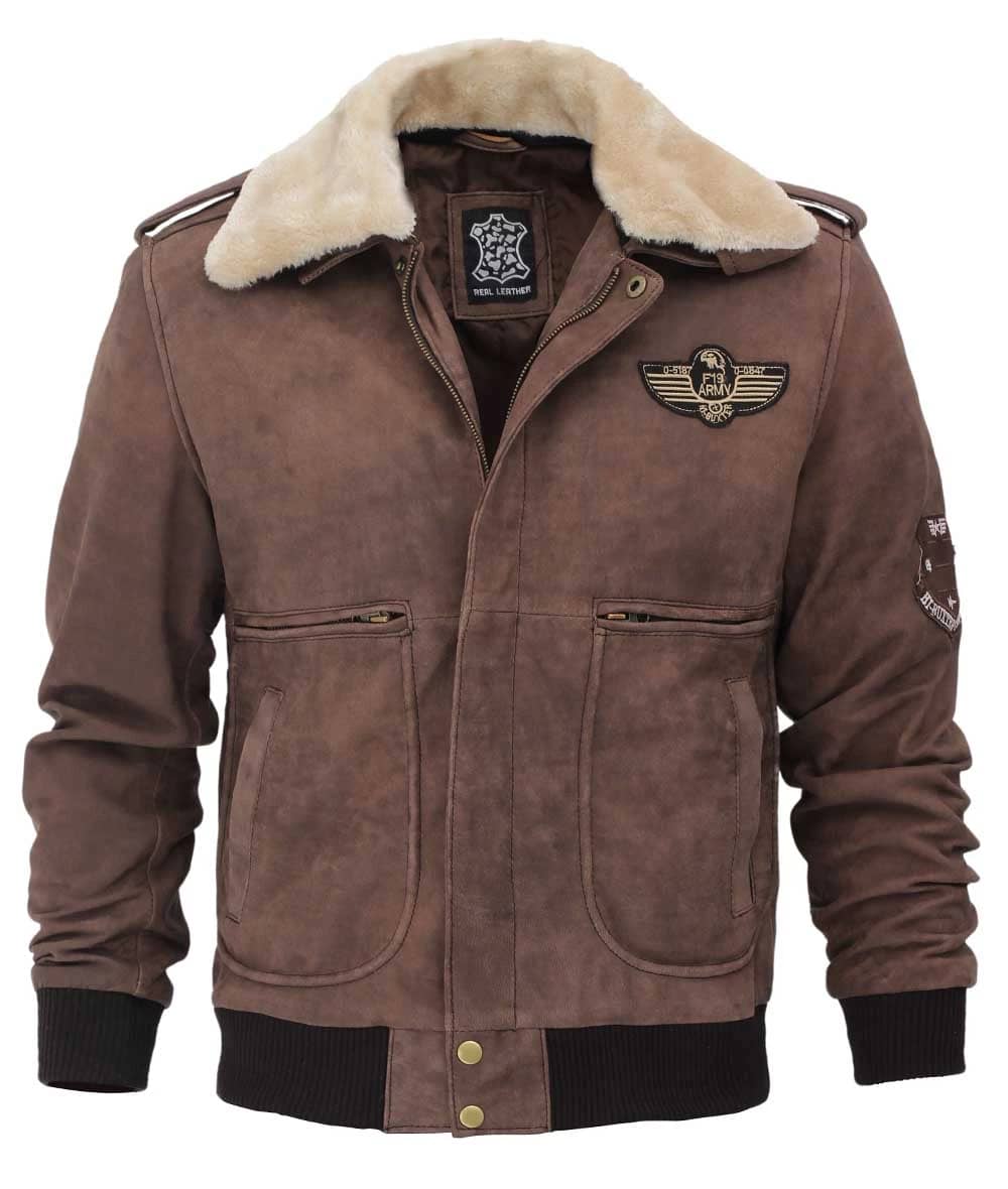 Men’s Beige Shearling Collar Light Brown Bomber Leather Jacket ...