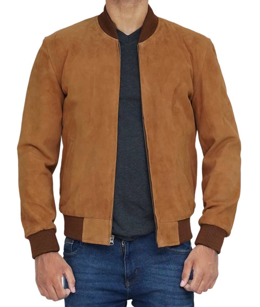 Men’s Suede Light Brown Leather Bomber Jacket - Bombers Jacket